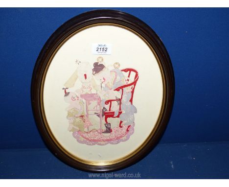 A mid century Chinese Watercolour Papercut in an oval fame of a Sage reading from a scroll by lamplight with distinctive embo