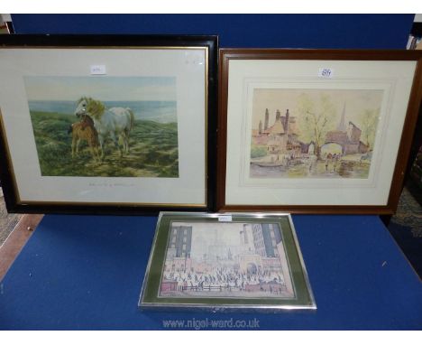 An unsigned framed and mounted Watercolour titled 'Pull's Ferry Norwich', a framed H.W.B. Davis print 'Mother and Son' and a 