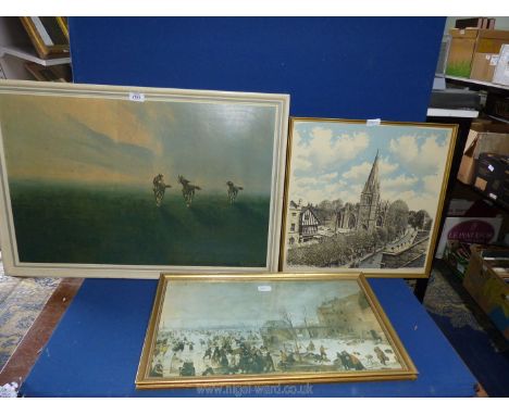 A Hendrick Averchamp Print of a winter scene on ice near a town, together with two others, Freedom of the plains and Sleaford