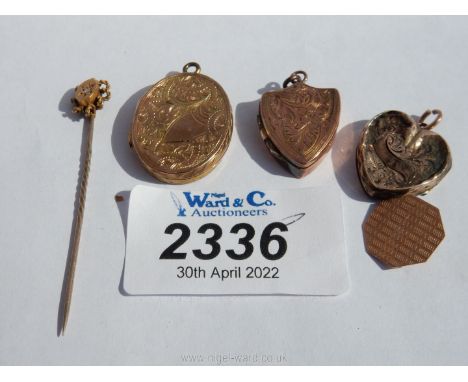 Three lockets including shield shaped (9 ct), heart shaped (a/f) and oval, a tie pin and a part of a 9ct gold cufflink.  
