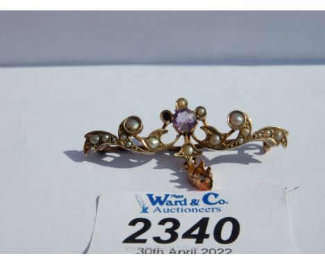 A 9ct gold Art Deco style Brooch set with pearls and amethyst, (some stones missing).