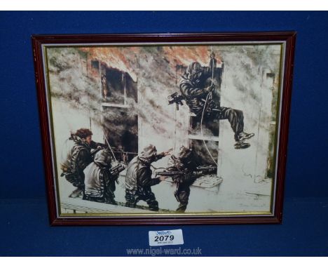 A framed Print entitled 'The back Door' depicting Operation Nimrod by John Tidewell dedication reads 'To John Best Regard S.W