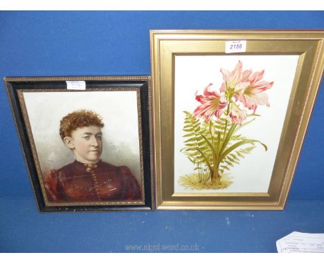 Two framed paintings on milk glass, one a botanical study of Lillies and the other a portrait of an Edwardian Lady.