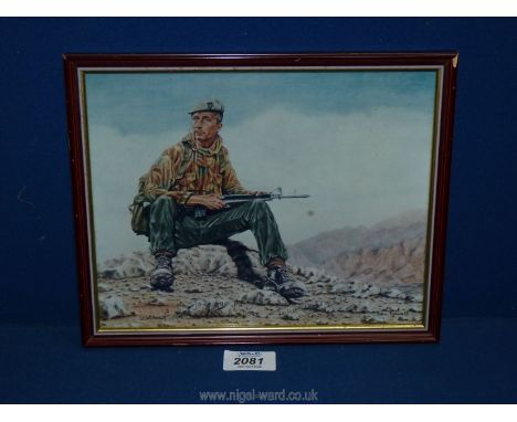 A small framed Print by John Tidewell of a SAS soldier in the desert.