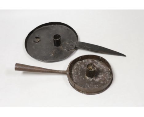 An 18th century iron chamber candlestick, with ‘spike’ handle and an 18th / 19th century iron chamber candlestick, with proje