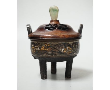 A Chinese or Japanese champleve enamel censer, wood cover, late 19th century, 12cm