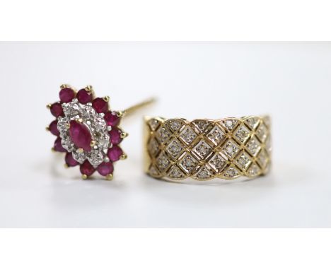 A modern 9ct gold, ruby an diamond chip set marquise cluster dress ring, size M and a similar 9ct gold and diamond chip ring,