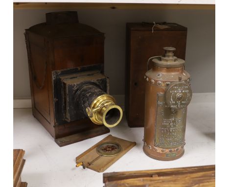 A Victorian microscope magic lantern and a copper fire extinguisher