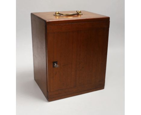 A Victorian mahogany-cased microscope with slides, case 22cm high
