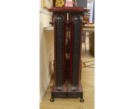 A maroon and black enamel Cannon Hilston heater, 95cm high, 39cm wide
