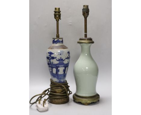 A Chinese celadon glazed lamp and a crackle glaze lamp, each 30cm