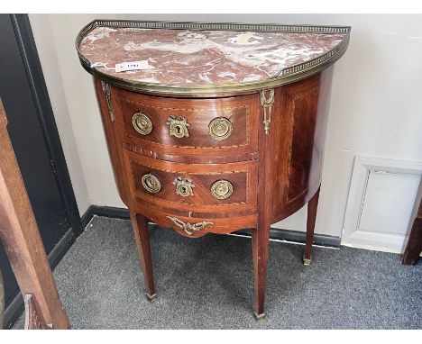 A Louis XVI style marble top demi lune two drawer petite commode, width 67cm, depth 36cm, height 78cm