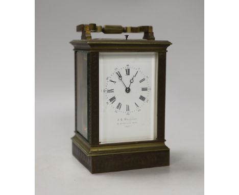 A French repeating brass carriage clock, retailed by Hanhart Calcutta, 16cm