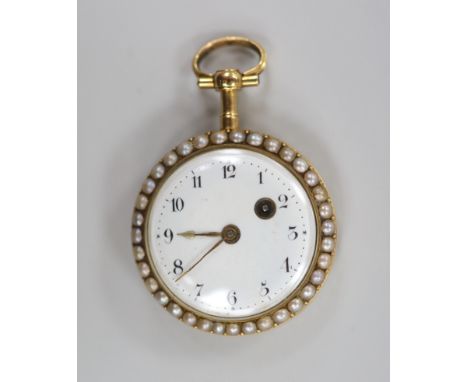An early 20th century continental yellow metal, split pearl and enamel set open face fob watch, with Roman dial, case diamete