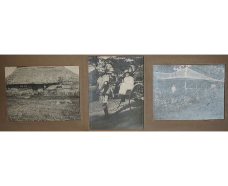 Three oak framed groups of black and white photographs of colonials in Africa, including Big game hunting and Zulu warriors, 
