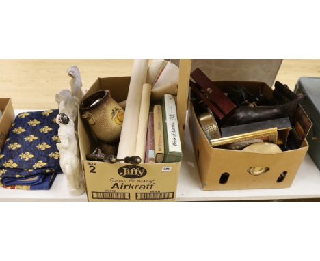 A large quantity of various items including a tapestry, books, Staffordshire figures, tools etc