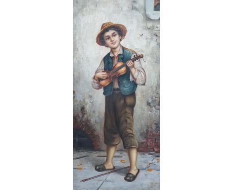 Kertesz, oil on canvas, Street urchin playing a violin, signed, 52 x 25cm