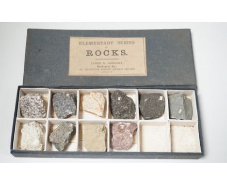 James R. Gregory. Elementary rocks and rock formed minerals, a collection divided between five labelled boxes, in a four draw
