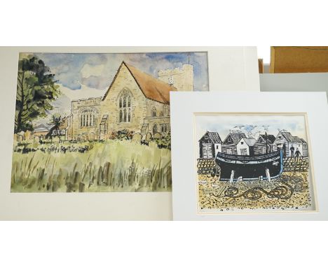 Robert Tavener (1920-2004), two watercolours and a print, 'View of a church', 'Coastal scene' and 'Fishing boat on the beach'