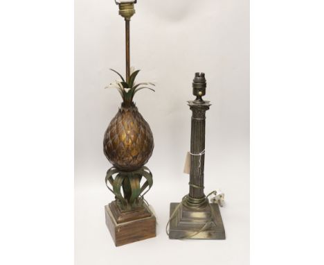 A novelty pineapple table lamp and a plated Corinthian lamp