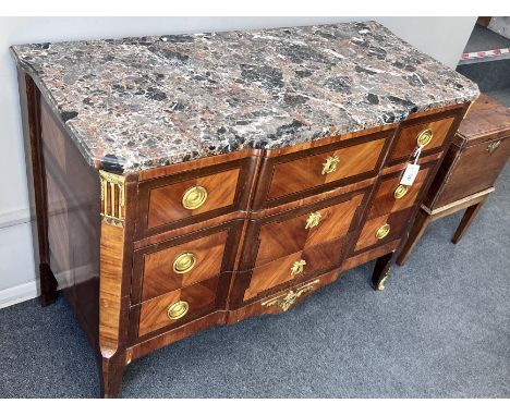 A French transitional style gilt metal mounted marble top kingwood commode, width 118cm, depth 52cm, height 85cm