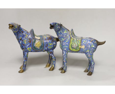A pair of 20th century Chinese export cloisonné enamel horses, 21cm high
