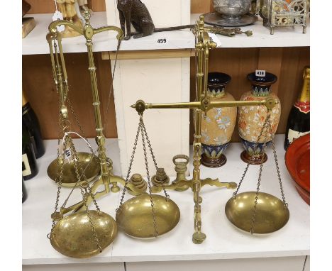 Two Doyle &amp; Son brass bank scales and various weights