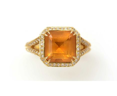 A citrine and diamond dress ring, by Christopher Wharton, the canted-square step-cut citrine measuring 9 x 9mm (depth unobtai