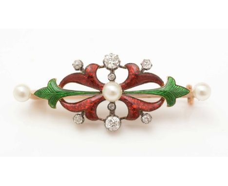 The National Union of Women's Suffrage Societies interest: an Edwardian pearl, diamond and enamel brooch, the red and green g