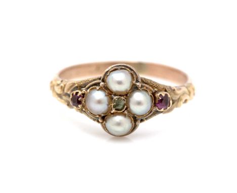 A Victorian pearl, diamond and ruby ring, the four half pearls around old-cut diamond and flanked by facet-cut rubies on scro