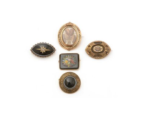 A selection of 19th Century mourning brooches, comprising: a micromosaic bouquet brooch, in 9ct gold mount, 3cm wide; a bande
