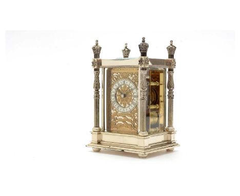 'The Canopy Clock': a large silver carriage clock, by Garrard, London 1993, of typical form with crown finials above fleur de