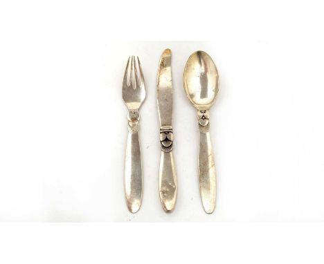 Georg Jensen, Denmark: a silver knife, fork and spoon set, with import marks dated 1938, cactus pattern, knife 16cms long, 3.
