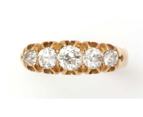 A five stone diamond ring, the graduated old-cut diamonds weighing a total of approximately 1.00carats, in 18ct yellow gold m