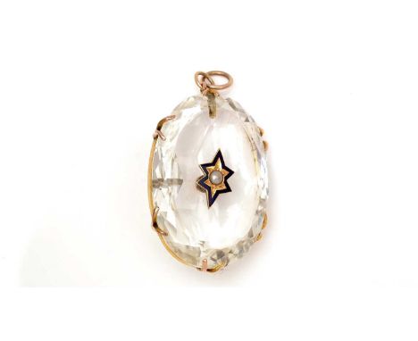 A Victorian rock crystal pendant, the oval facet-cut rock crystal with dished table centred by single pearl in blue enamel go