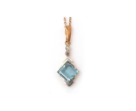 An aquamarine and diamond pendant, in modern design, the square step-cut aquamarine measuring 9.5 x 9.4 x 5.0mm set below two