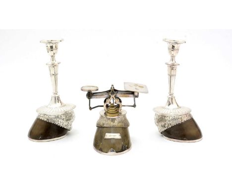 An early 20th Century desk set, by The Army &amp; Navy Club Stores Ltd, comprising a pair of postal scales and a pair of cand