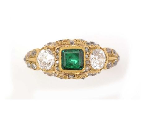 A fine early 19th Century emerald and diamond ring, the square step-cut emerald measuring 4.8 x 5.1mm (closed back), in colle