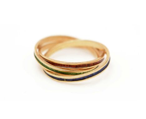 An 18ct yellow gold and red, green and blue enamel ring, intertwined Russian wedding ring style, ring size M, 3.7g gross. 