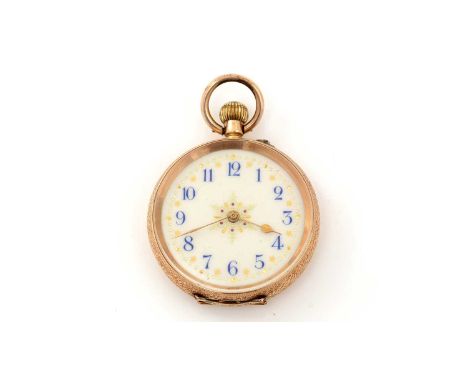 A 14ct yellow gold-cased open-faced fob watch, the white enamel blue arabic dial with gilt decoration, fitted crown wound mov