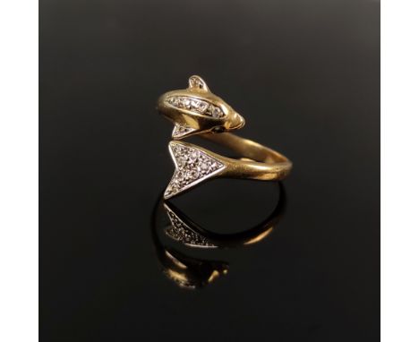 Delphin-Ring, 585/14K Gelbgold, 3,54g, besetzt mit Zirkonia, Ringgröße 60-62