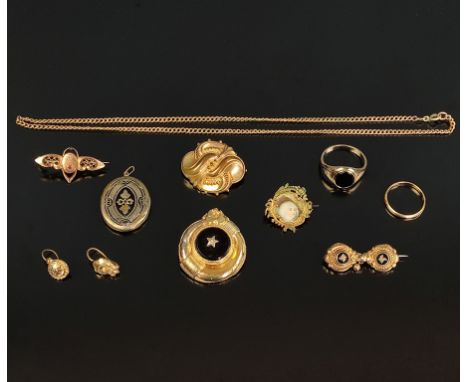 Konvolut Antik-Schmuck, u.a. Gelbgold 585, Schaumgold und Golddoublé, Gesamtgewicht 50,5g, 11 Teile, dabei diverse Broschen, 