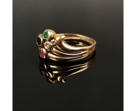 Ring mit Rubin, Smaragd, Saphir und Brillant, 333/8K Gelbgold, Gewicht 1,5g, Vintage, 80er Jahre, Ringgröße 53