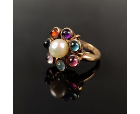Ring mit farbigen Cabochons, mittig Perle, 585/14K Gelbgold, 7,55g, Goldschmiede-Anfertigung, Ringgröße 55