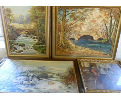 Various oil paintings by Leonora Eyre inc sheep in a snowy landscape & tapestry