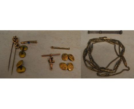 9ct gold cufflinks, pin and T bar & costume jewellery inc 2 stick pins, cufflinks, propelling pencil, chain and a brooch