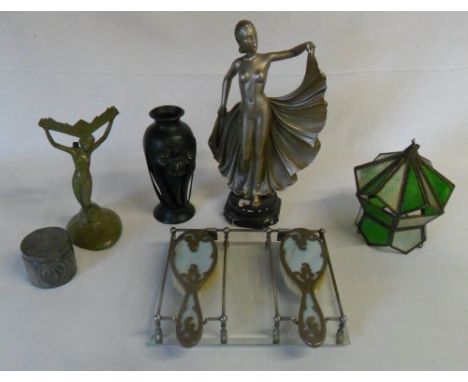 Assorted items inc Art Deco style figurines, dressing table set & lamp shade