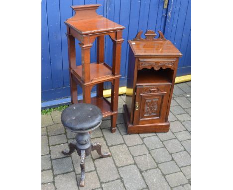 Victorian pot cupboard, Mahogany shelf unit & a Victorian piano stool