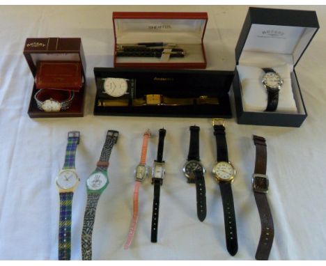 Various watches inc Rotary, Accurist and Swatch & cased set of Sheaffer pens