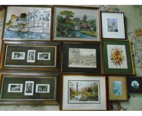 Assorted prints, tapestry & framed Edwardian postcards